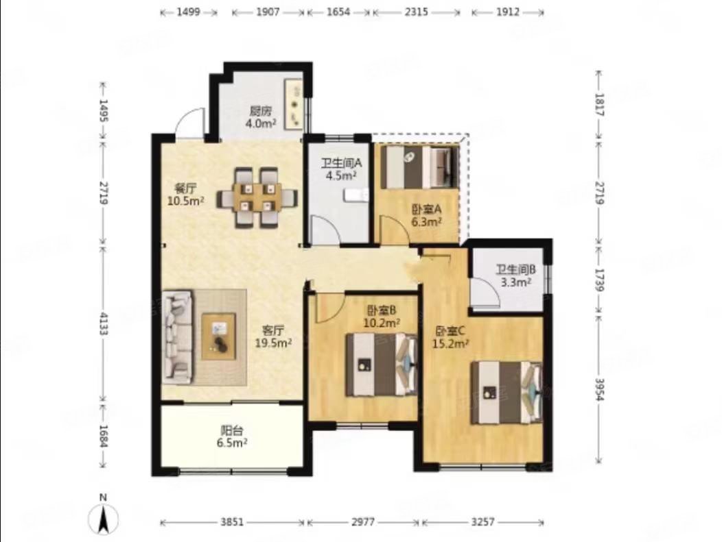 电梯三房两卫 八中东小 总价低 户型好,联发君悦壹号二手房,94万,3室2