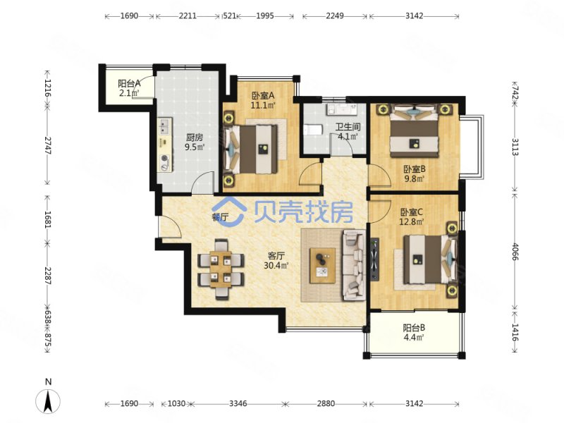 价格可谈 看房方便,恒大绿洲二手房,129万,3室2厅,1卫,106平米-西安