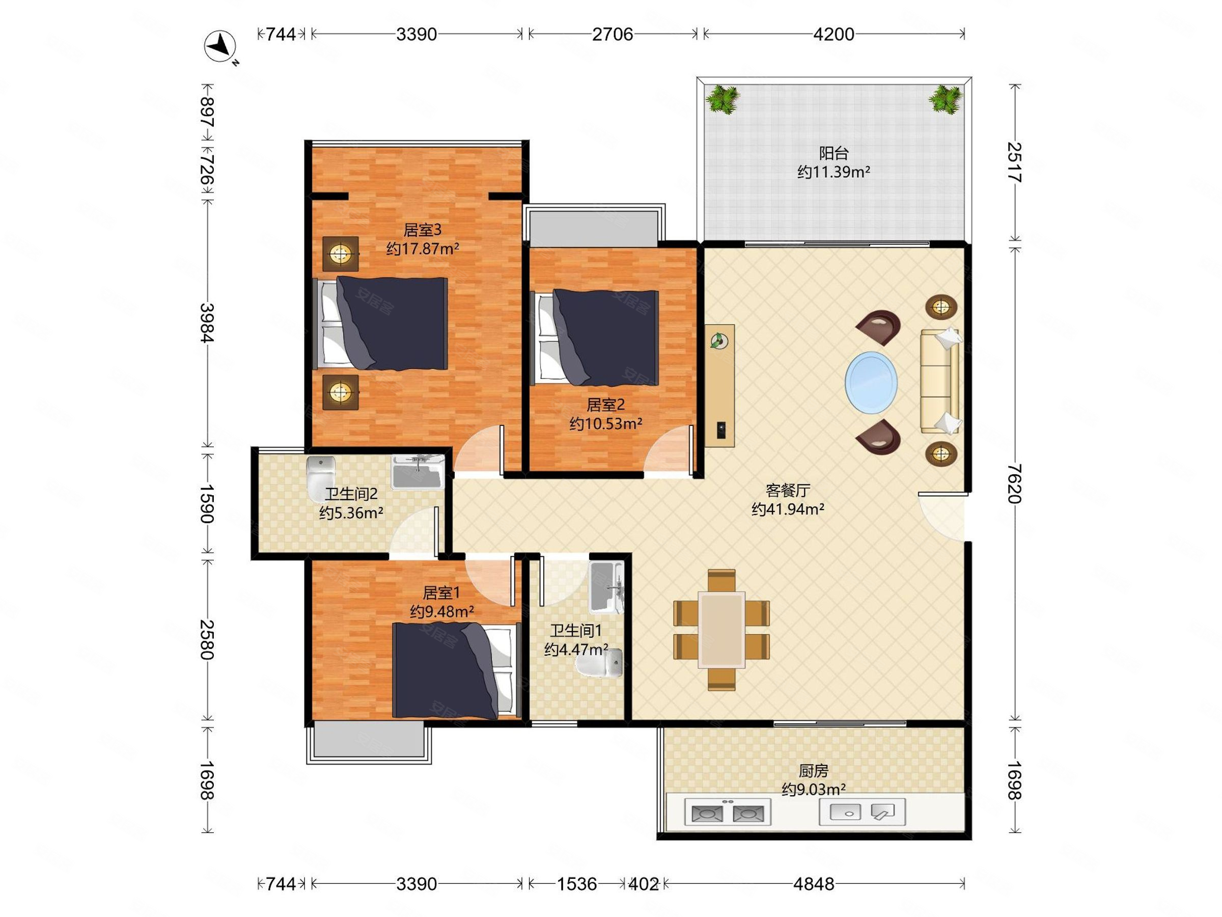 阳光棕榈园3室2厅2卫106.18㎡南588万