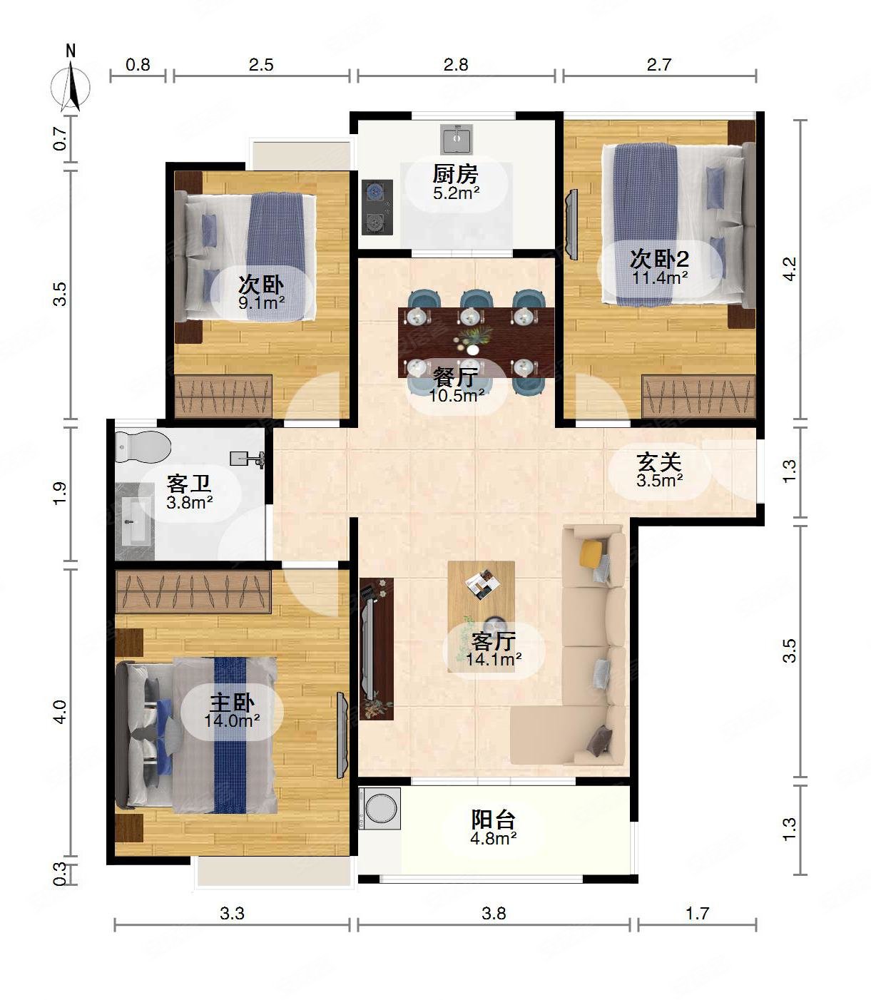 世纪滨江3室2厅1卫108.84㎡南北155万