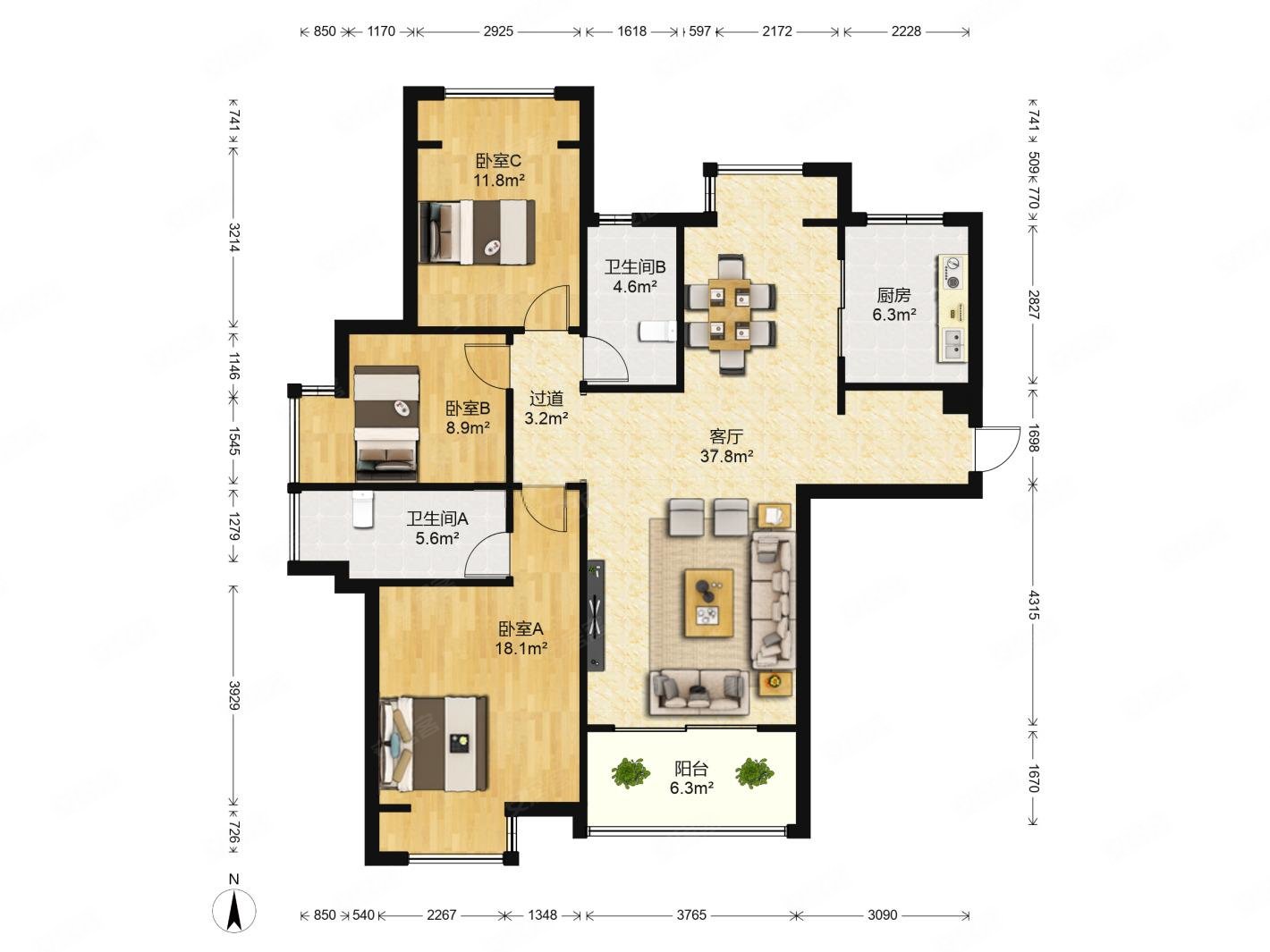 保利香槟国际3室2厅1卫121.19㎡南北628万