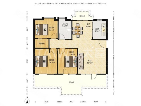 万科白马花园(北区公寓住宅)3室2厅1卫105.25㎡南北468万