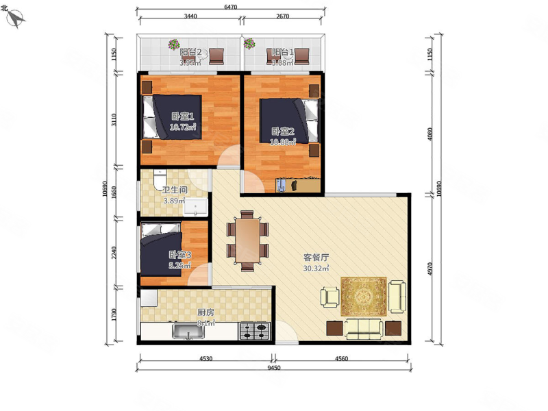 康欣园2室2厅1卫86㎡南北588万