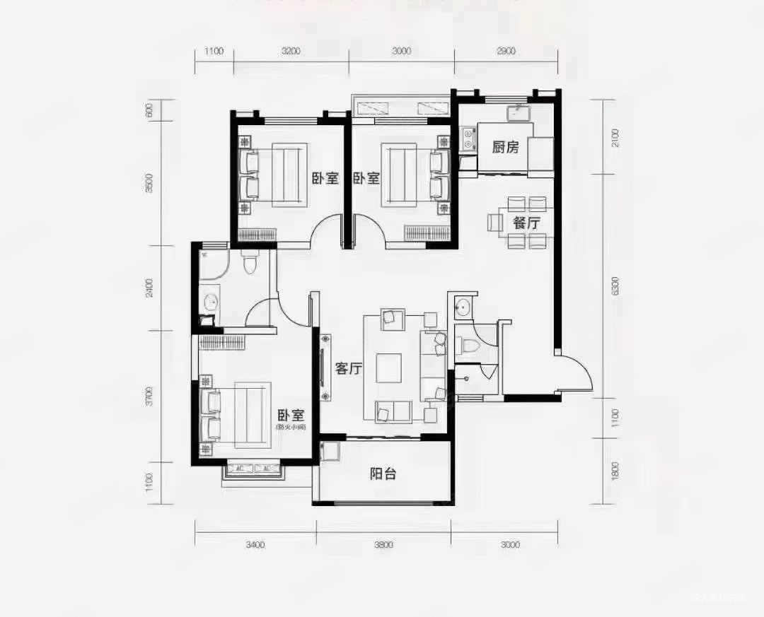君合天玺3室2厅2卫100㎡南119万
