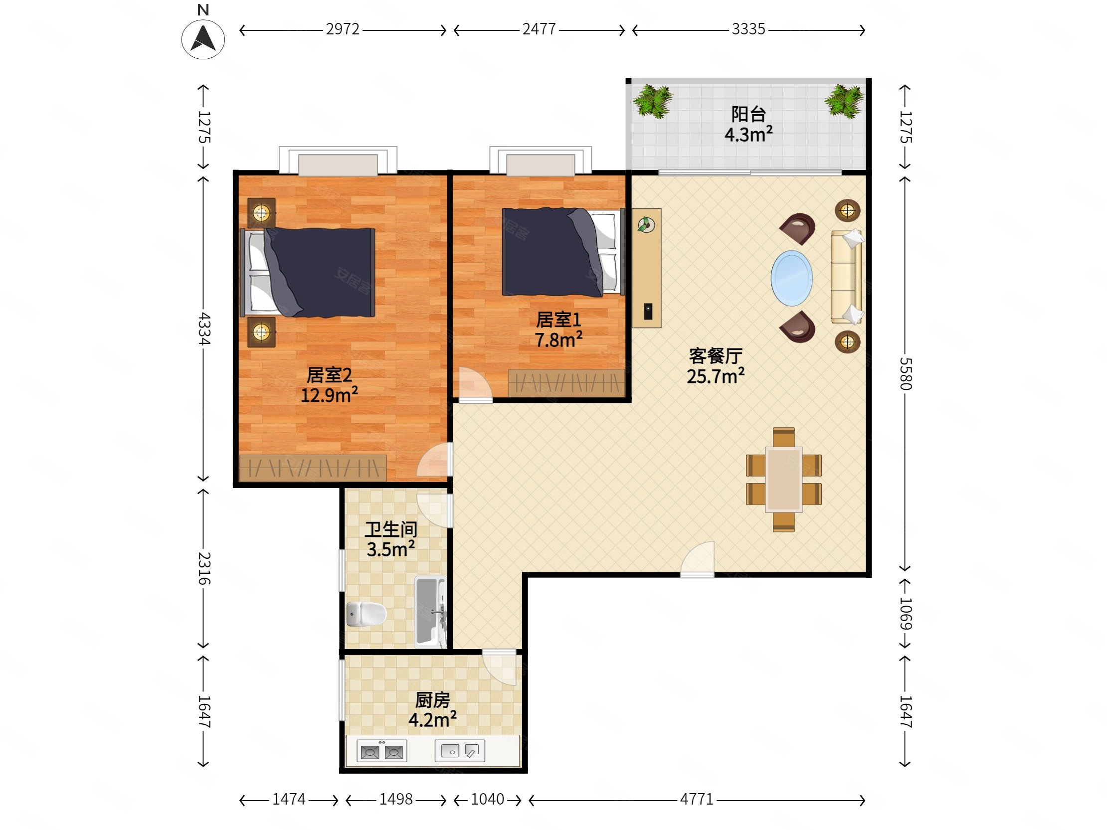 玮鹏花园2室2厅1卫77.88㎡北530万