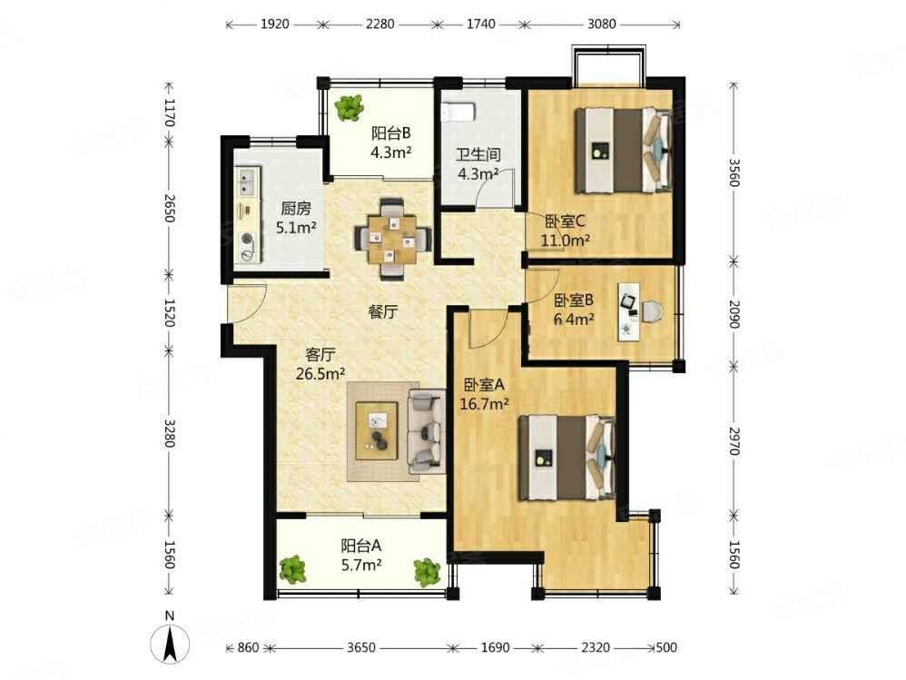 满五南北通透3室2厅紫东新苑精装修