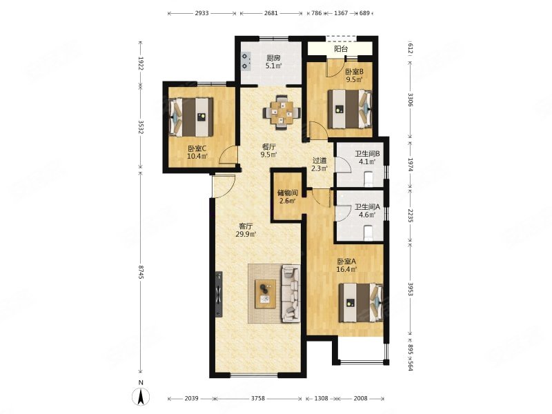 通州区九棵树玉兰湾南北通透全明三居室户型好看房方便