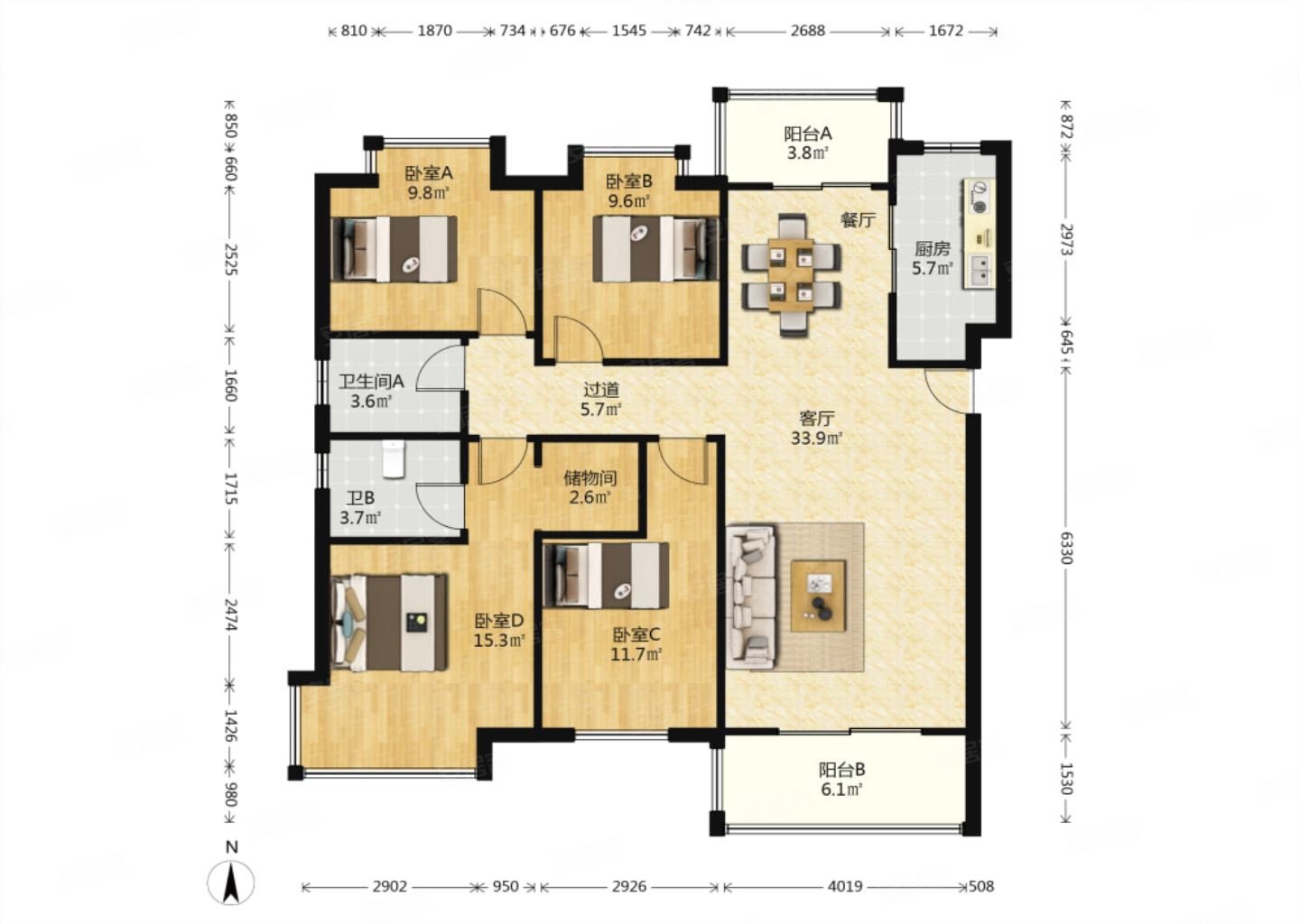 梅溪湖金茂湾(二期)4室2厅2卫142.17㎡南北241万