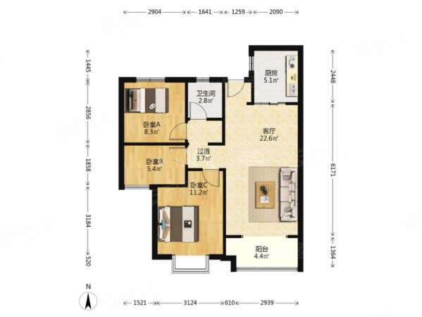 中国铁建国际城品园3室2厅1卫86.13㎡南北156万