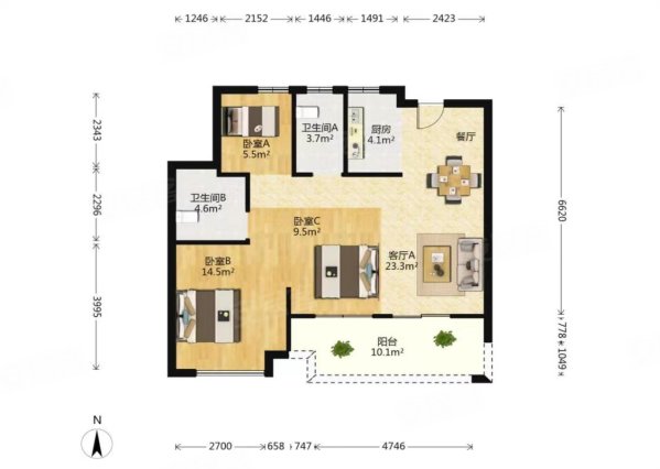 宝龙世家3室2厅1卫92.32㎡南北55万