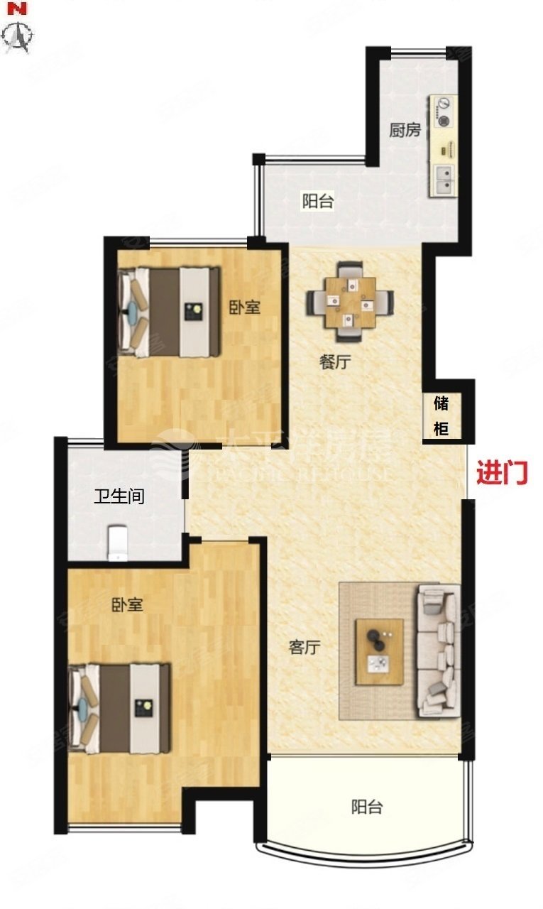 九城湖滨2室2厅1卫94.43㎡南北400万