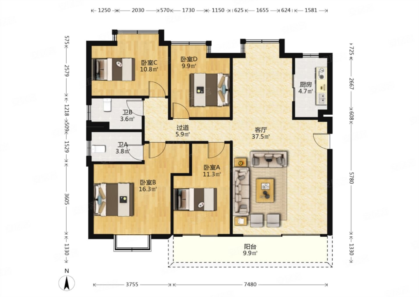 户型方正大四房,居住舒适,碧桂园天樾二手房,97万,4室2厅,2卫,143平米
