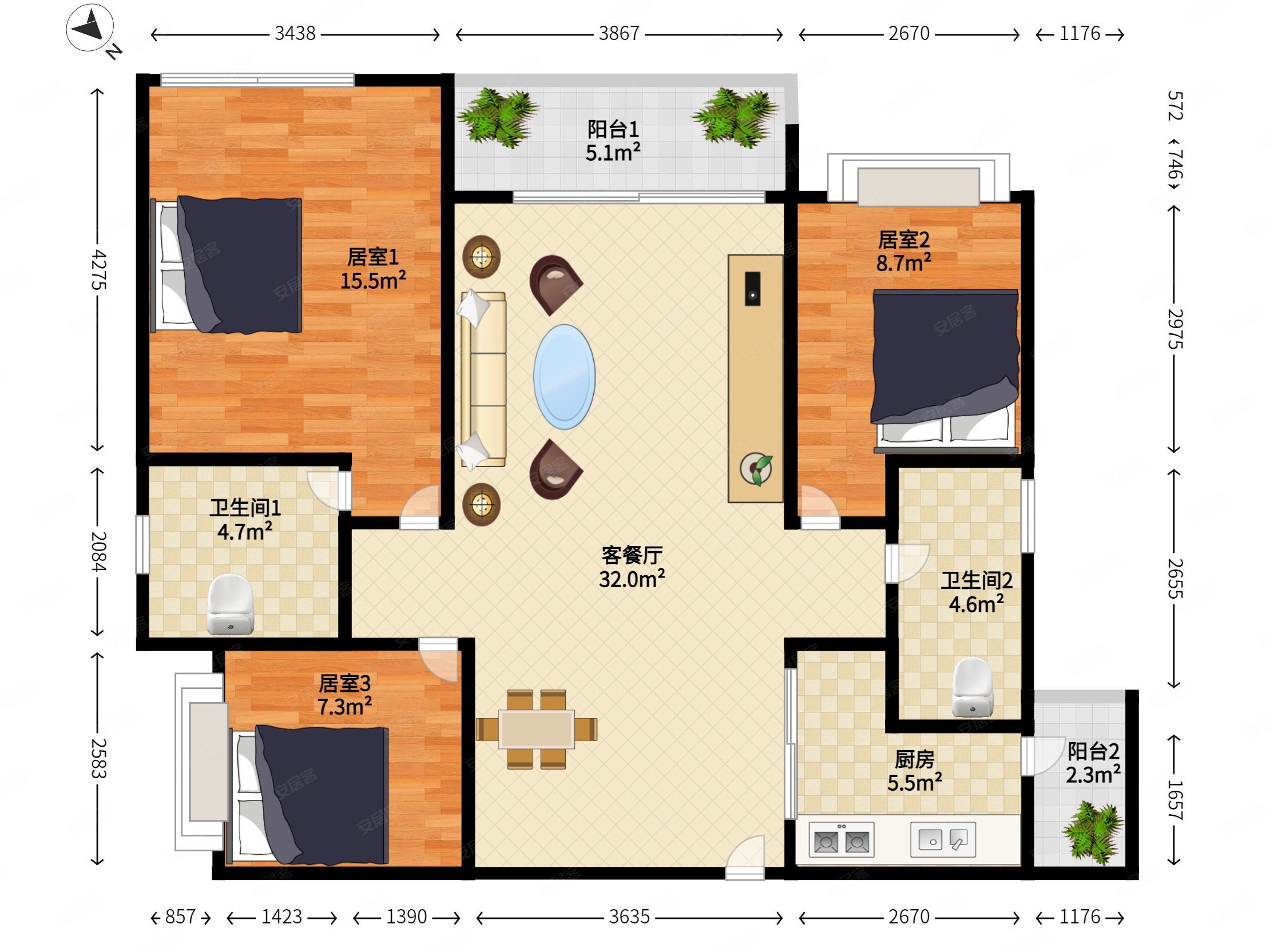 中粮天悦壹号3室2厅2卫105.65㎡南北1125万