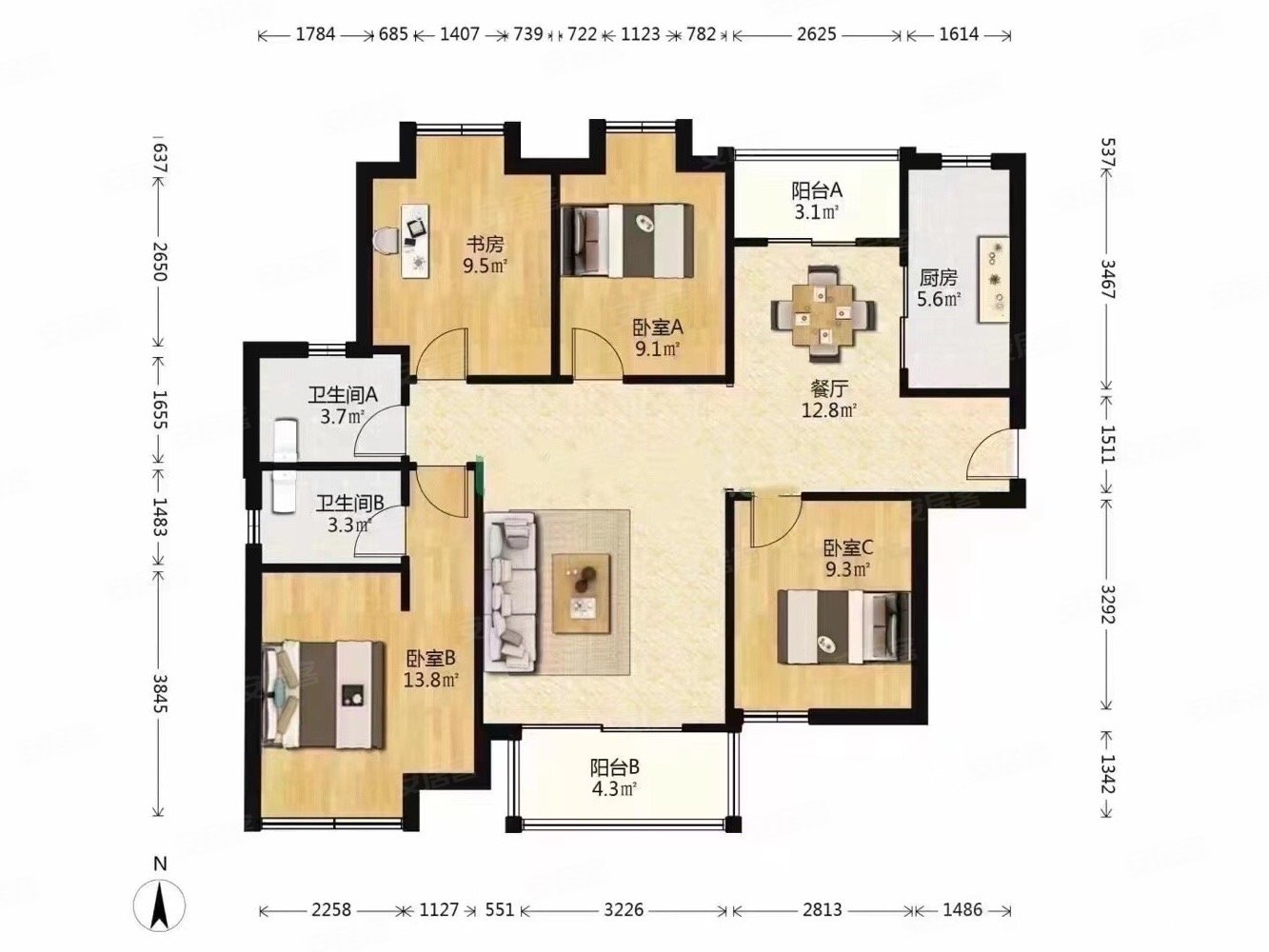盘古园府3室2厅2卫105.76㎡南北545万