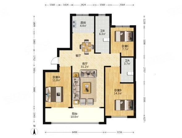 新小区 h户 有钥匙随时看,郡园二手房,105万,3室2厅,1卫,132平米-潍坊