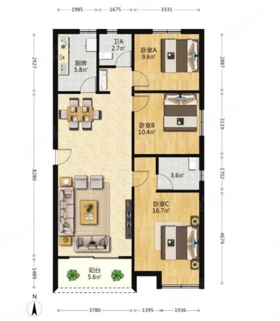 建业中弘城3室2厅2卫126.45㎡南北127万