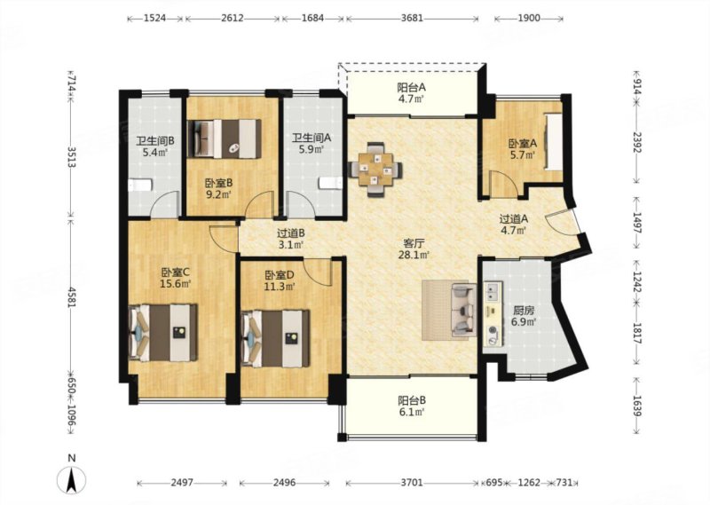 中央城,南北对流四房,配套齐全,全屋精装修