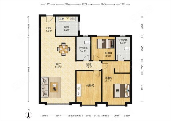 绿地凤栖澜玥3室2厅2卫130.76㎡南235万