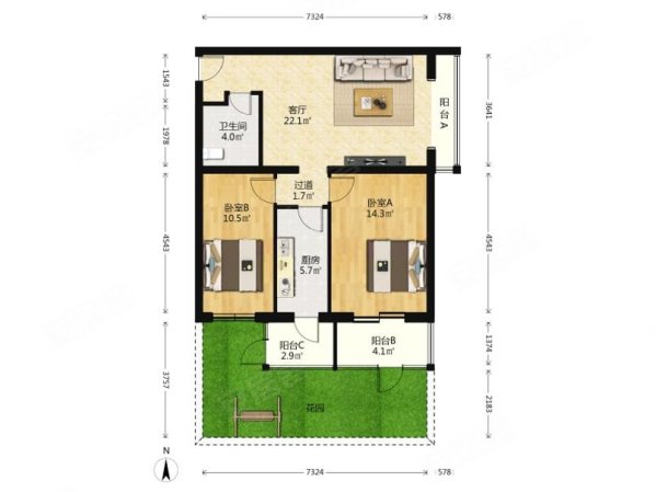 观澳园小区2室1厅1卫84.45㎡南北680万