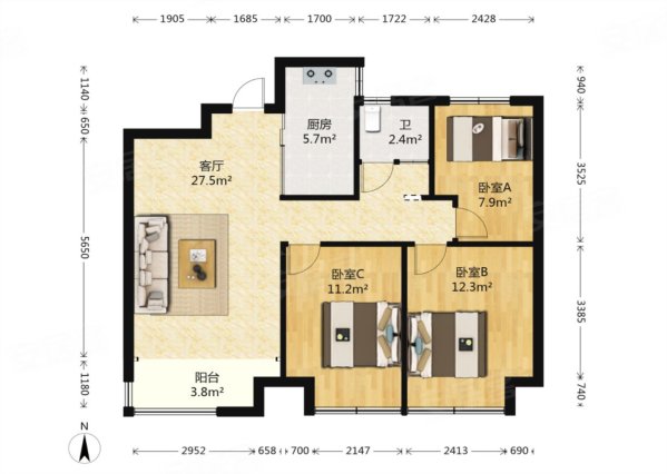 观湖壹号3室2厅1卫92㎡南308.1万