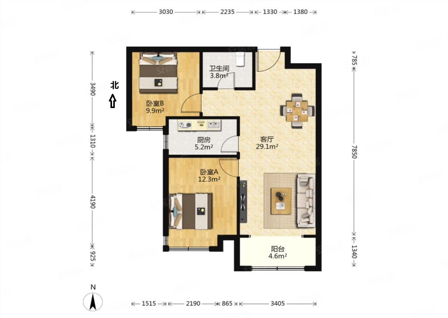 保利花园e区2室8900普装