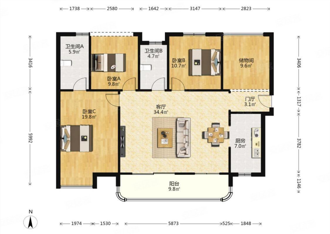 润和美郡4室2厅2卫130㎡南北135万
