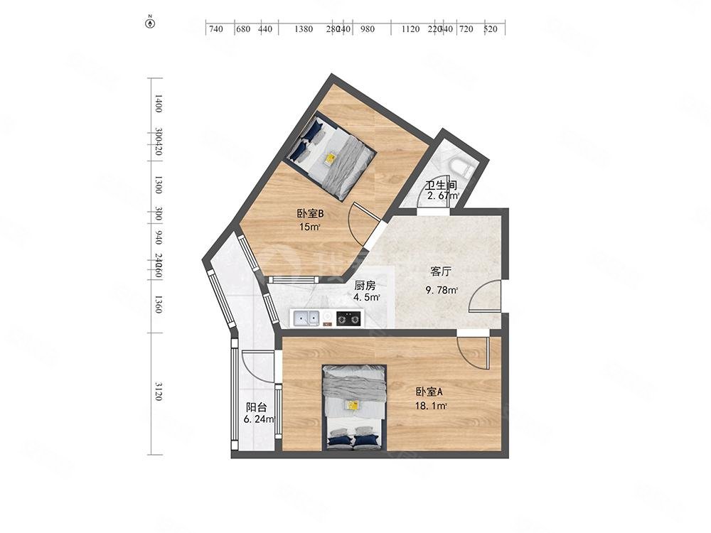 知春里2室1厅1卫74.1㎡西南660万