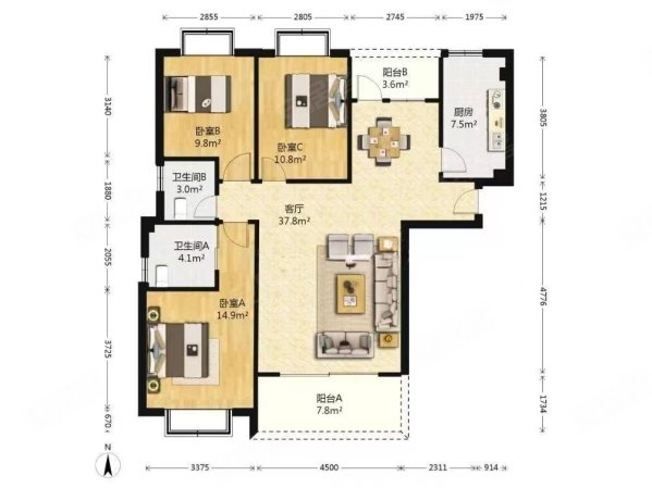 绿苑新城一组团3室2厅2卫127.41㎡南北480万