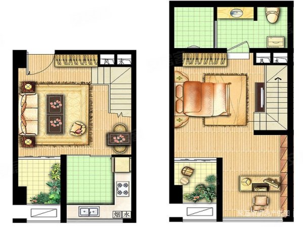 西海岸 绿地缤纷城 复式loft 上下两层 精装修两房 急售