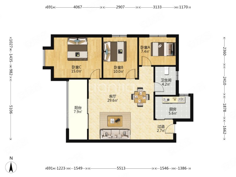 灞业大境(西区)3室2厅1卫110.08㎡西北122万