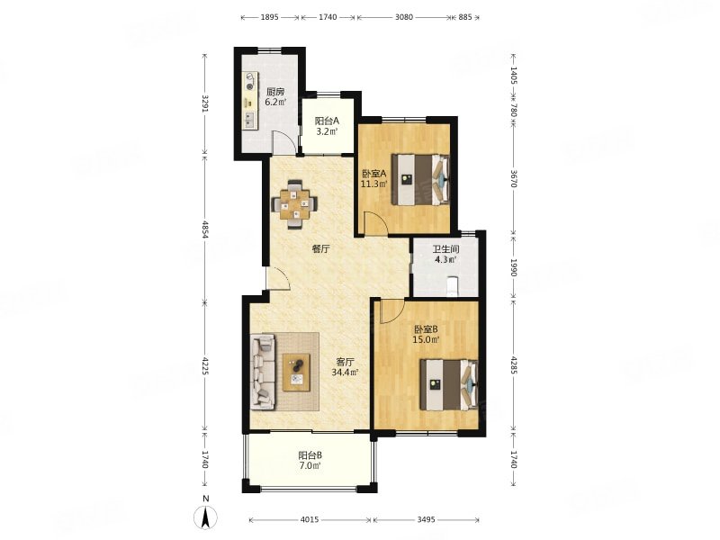 新江湾城雍景苑2室2厅1卫102.12㎡南北870万