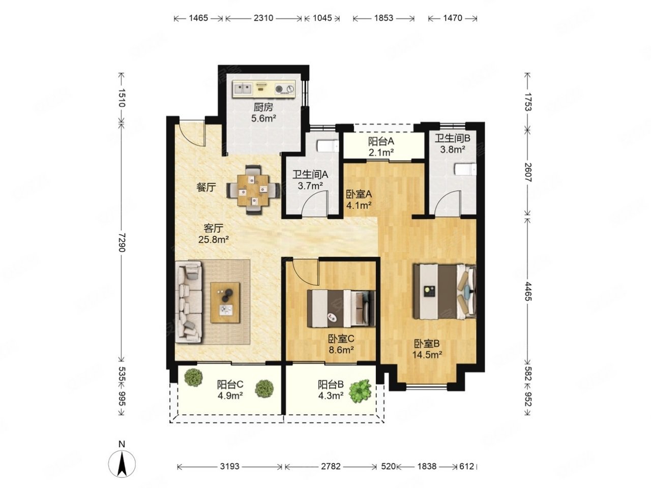 江南国际城3室2厅2卫110.68㎡南北189万