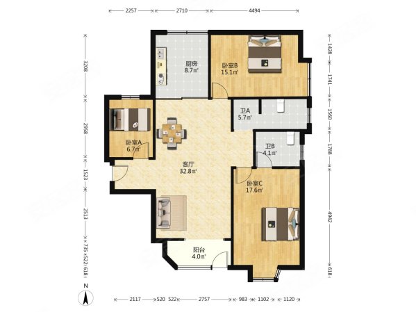 陶然苑3室2厅2卫127.2㎡东南430万