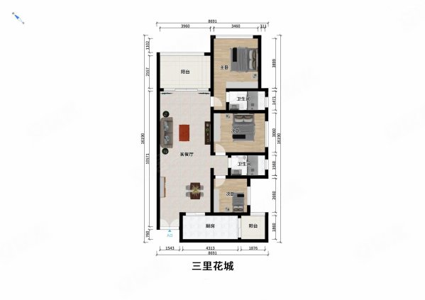 富豪三里花城宜城大街一段333号3室2厅2卫113平方米