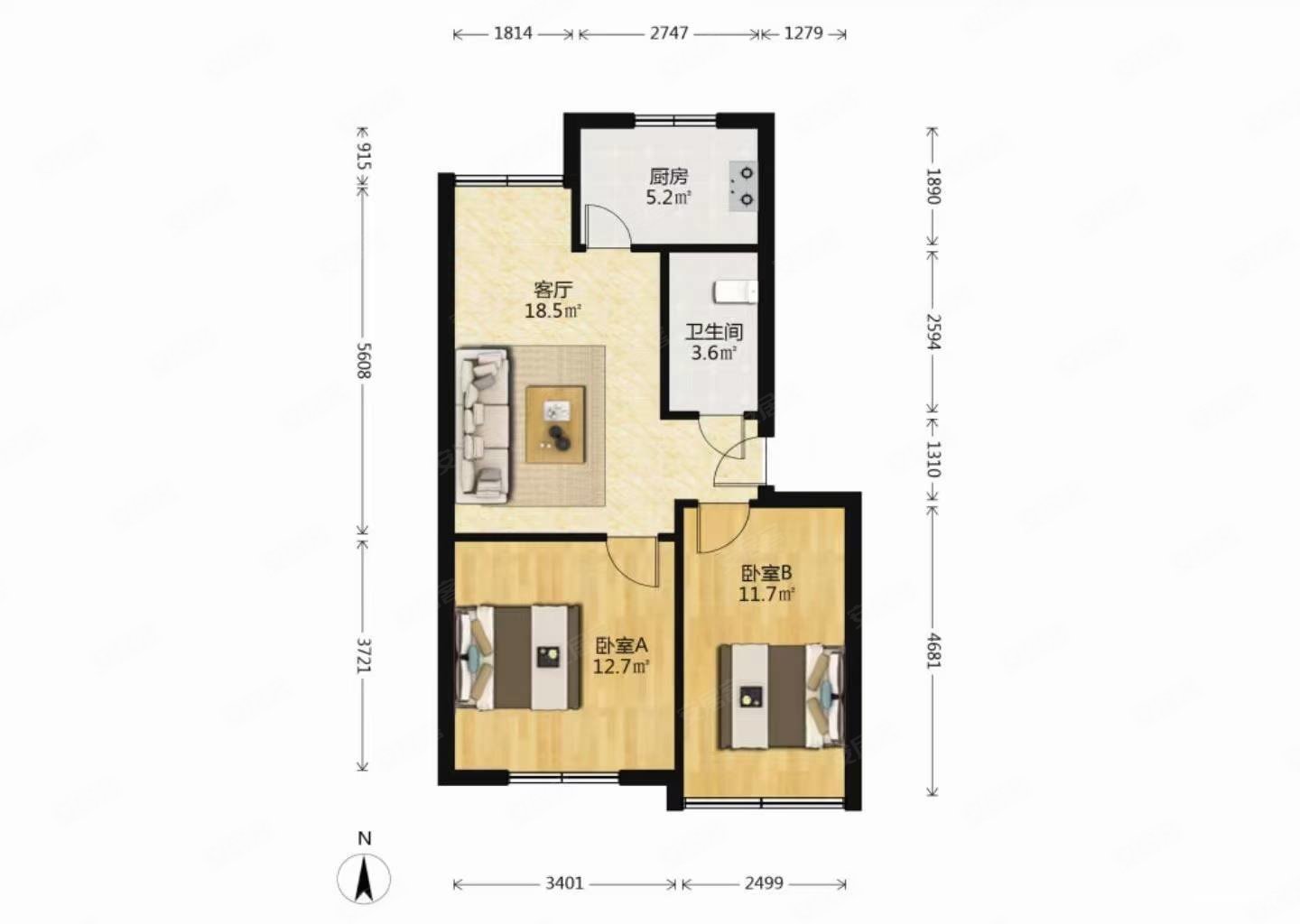 浮山后六小区2室1厅1卫49㎡南北88万