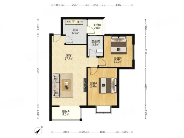 富临美丽天城2室2厅1卫85.06㎡东南123万