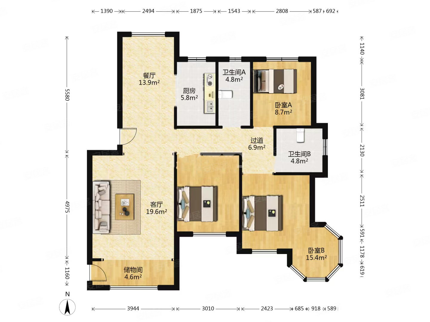 新公馆3室2厅2卫140㎡南北148万