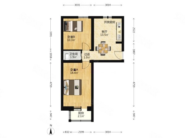 鸭子桥路27号院2室1厅1卫56.8㎡南北440万