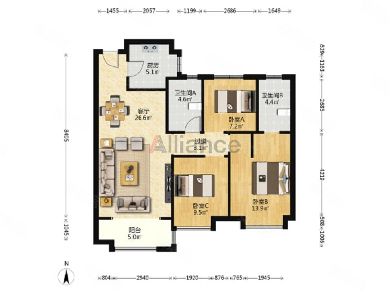 万达观澜3室2厅2卫109.74㎡南北115万