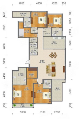 名都畔山美墅6室2厅6卫341㎡南北450万