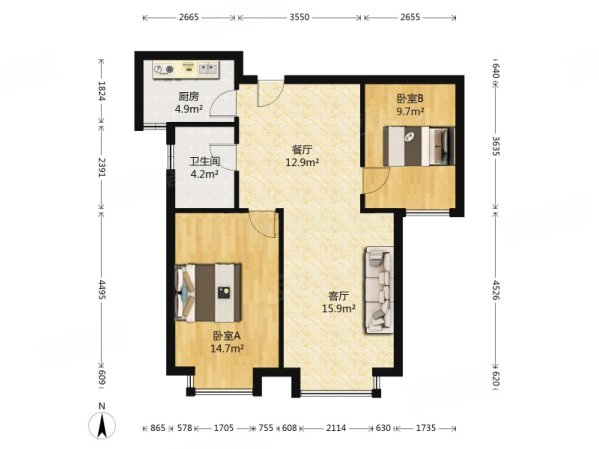 五一阳光御园2室1厅1卫87.7㎡南156万