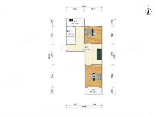 东纬路小区2室1厅1卫70.55㎡南北90万