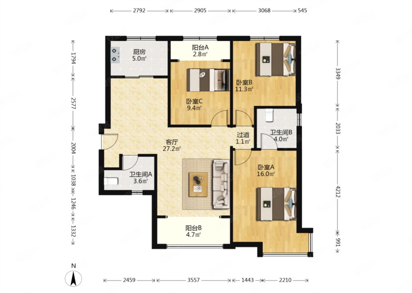 兰亭熙园3室1厅1卫117.36㎡南北111万