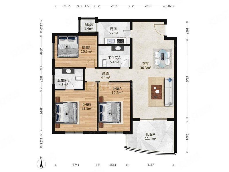 望京花园东区3室1厅2卫129.27㎡西南980万