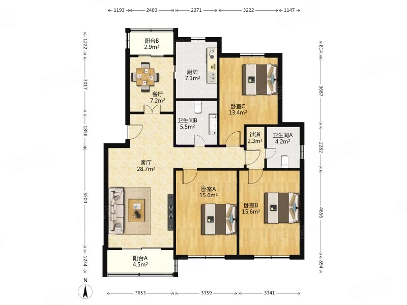 大居苑3室2厅2卫125.55㎡南北999万