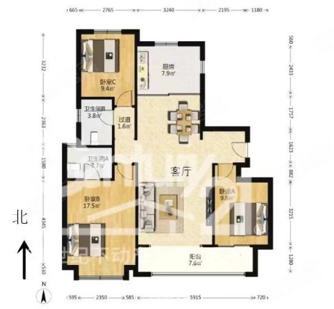 中海云锦3室2厅2卫131㎡南北325万