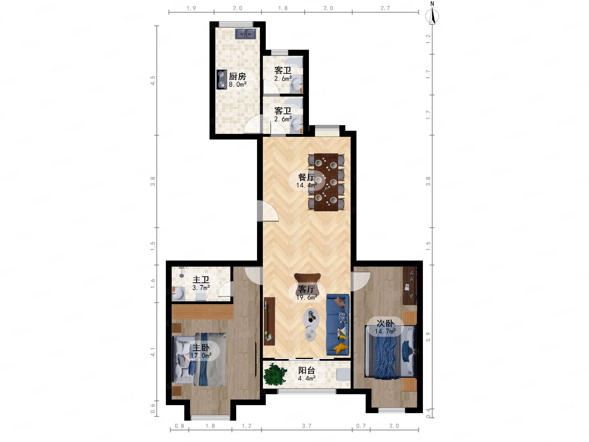 壹街区静德花园2室2厅2卫125.3㎡南北535万