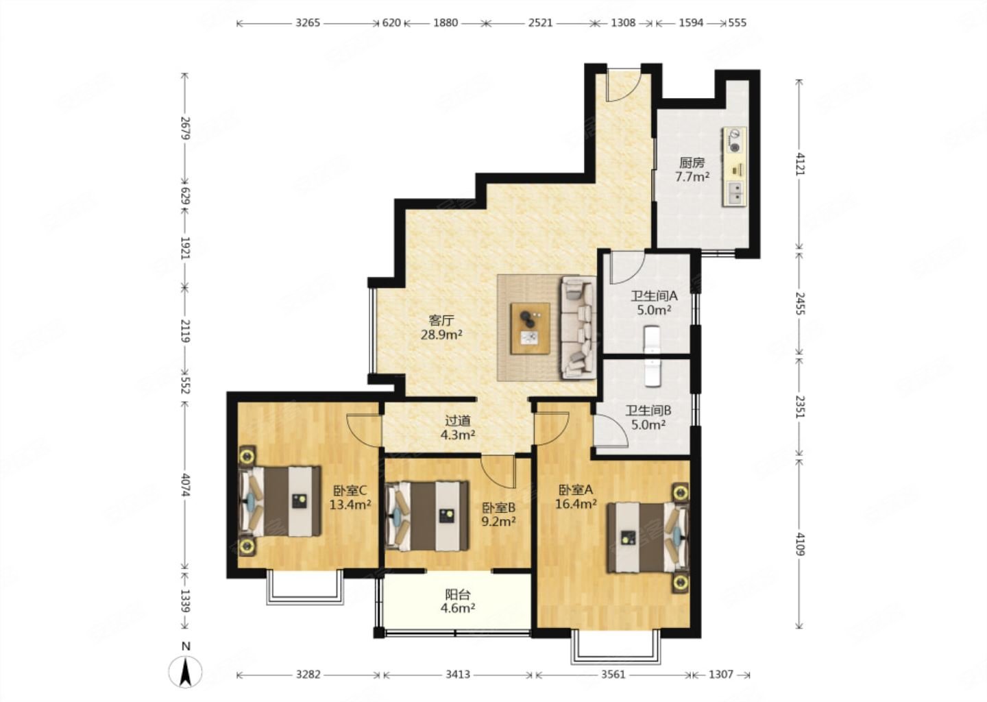 海荣名城3室2厅2卫123.57㎡南北166.9万