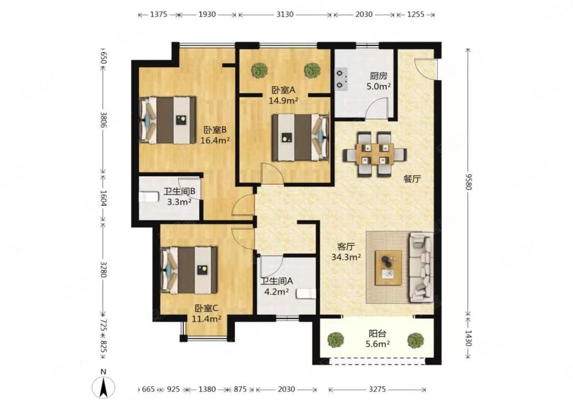 东方新城东区3室2厅2卫120.55㎡南北64万