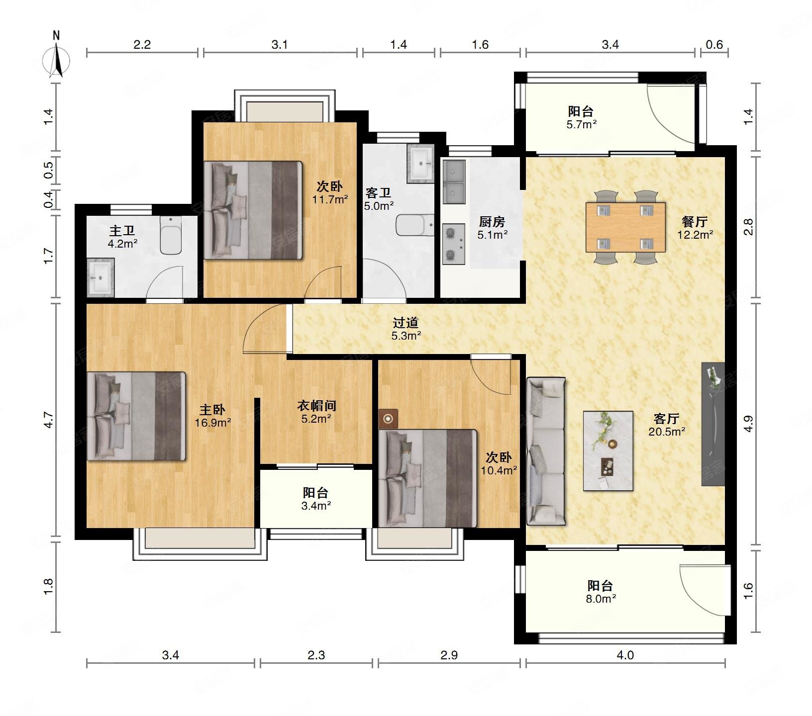 联泰天禧3室2厅2卫136㎡南北385万